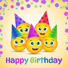 Birthday smiley emojis vector greeting card. Happy friends, funny vector banner design in yellow background with colorful text. Vector illustration.