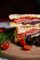 juicy crispy sandwich with ham and vegetables close-up on the board