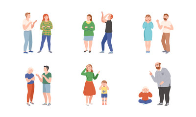 Conflicting Parents Arguing with Each Other Scolding and Shouting at Each Other Vector Illustration Set