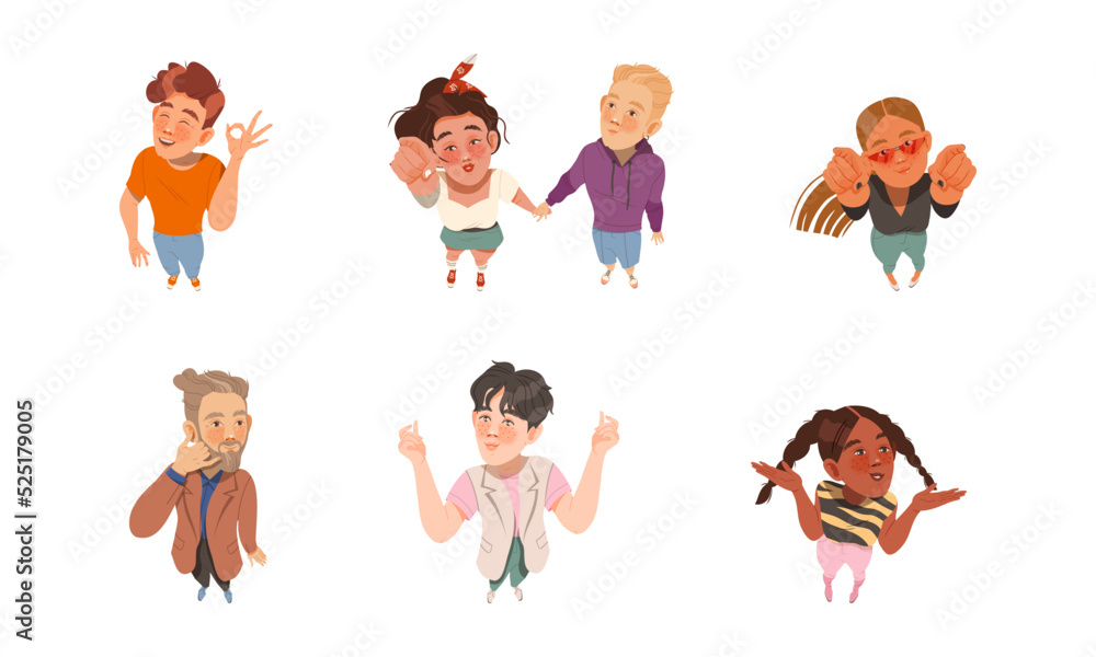 Poster smiling people characters looking up gesturing and watching something above view vector illustration