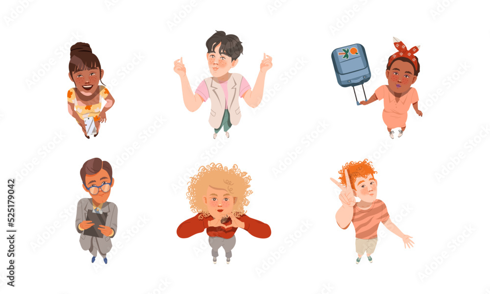 Poster smiling people characters looking up gesturing and watching something above view vector illustration
