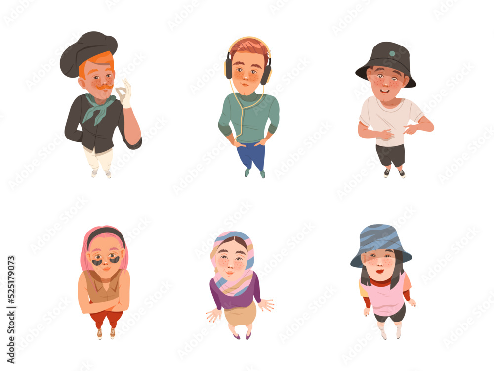 Poster smiling people characters looking up gesturing and watching something above view vector illustration
