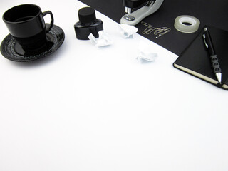         Creative trendy minimalist school or office workspace with black materials on a white background.                  