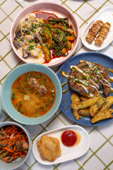 Top view of a table full of food in a cafe