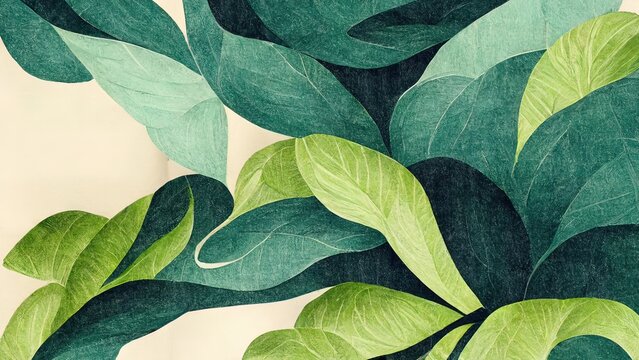 Green plant and leafs pattern. Pencil, hand drawn natural illustration. Simple organic plants design. Botany vintage graphic art. 4k wallpaper, background. Simple, minimal, clean design.