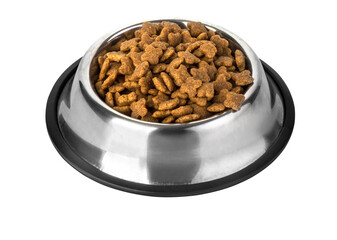Dog food in bowl, isolated on white