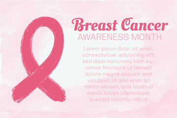 Breast Cancer Awareness Month banner with delicate pink watercolor background, paint textured pink ribbon. Copy space for text