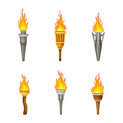 Torch with Brightly Burning Fire on Top as Ignited Light Source Vector Set