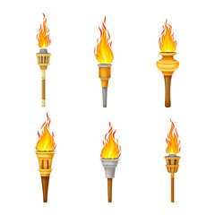Torch with Brightly Burning Fire on Top as Ignited Light Source Vector Set