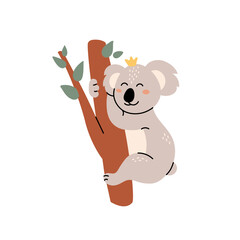 Cute koala climbing the tree, adorable Australian animal cartoon vector illustration. Koala bear sliping on eucalyptus branch 