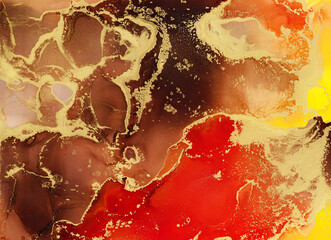 Abstract colorful background, wallpaper. Bright alcoholic ink, mixing of acrylic paints. Modern art, painting, a mixture of brown and red colors, glowing golden streaks