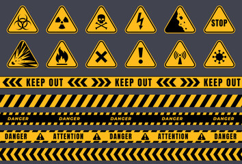 Danger signs that warn of possible danger to life and health. Prohibition strips of fencing. Yellow triangle warning of danger. Vector illustration - obrazy, fototapety, plakaty