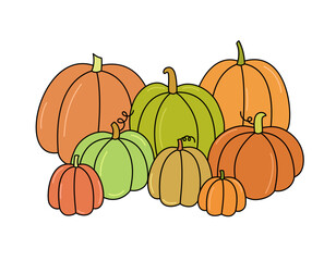 Pumpkin harvest vector illustration. Pumpkins composition isolated on white background. Doodle colorful hand drawn outline vegetables pile. Symbol of autumn harvest and Thanksgiving holiday