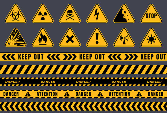 Danger signs that warn of possible danger to life and health. Prohibition strips of fencing. Yellow triangle warning of danger. Vector illustration