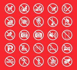 Set of prohibition icons. Prohibition warning. Red circle with oblique line. Vector illustration