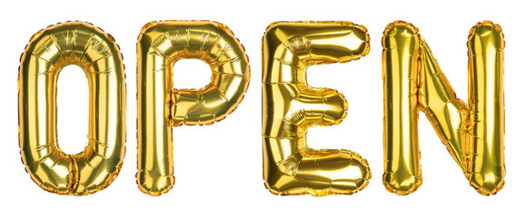 Open balloons. House, Sale, Clearance, discount. Yellow Gold foil helium balloon. Words good for store, shop, shopping mall. English Alphabet Letters. Isolated white background.