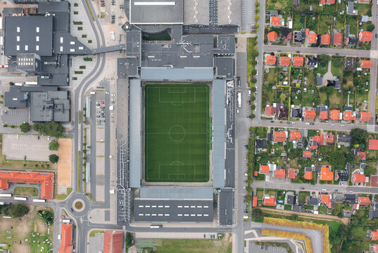 Panoramic aerial drone summer view on Viborg Stadion (Energi Viborg Arena), home stadium for football club Viborg F.F. (VFF). Viborg, Denmark - August 2022