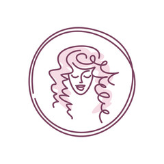 Lady round logo. Beauty salon icon. Girl lush hairstyle. Makeup and cosmetics.