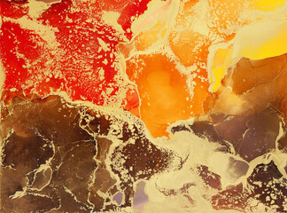 Abstract colorful background, wallpaper. Bright alcoholic ink, mixing of acrylic paints. Modern art, painting, a mixture of brown and red colors, glowing golden streaks