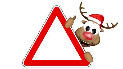 happy deer with thumbs up symbol and german traffic warning sign in red 3d-illustration