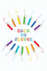 Vector Flat Colored Pencils Frame on Blank Math Pattern. Pencils Frame Template. Set of rainbow vector colored pencils Kids Back To school Concept Doodles drawn by colors. Colored wooden pencils.