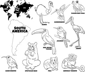 cartoon South American animal species set coloring page