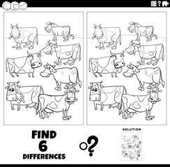differences game with cartoon cows farm animals coloring page