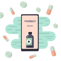 Pharmacy online concept. Smartphone with apothecary bottle and pills