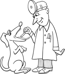 cartoon dog at the vet having throat exam coloring page