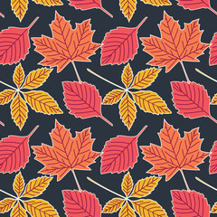 Autumn seamless pattern. Yellow, orange and red leaves on black background. Design for wallpaper, gift paper, web page background, autumn greeting cards. Vector illustration.