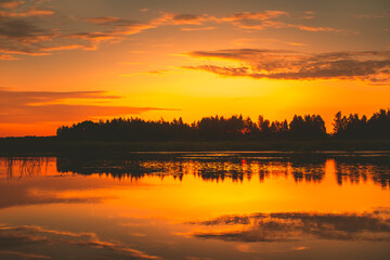Obraz premium Bright orange sunset over lake, golden clouds and silhouette forest reflect in the water. Amazing nature background texture