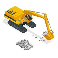 Excavator with Bucket lift up are digging. Isometric Yellow excavator