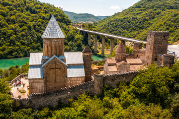 Aerial scenic view of Ananuri Fortress Complex on the Aragvi River in Georgia. The castle was the...