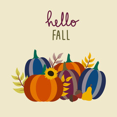Hello Fall cute  card in flat design whit Pumpkins 