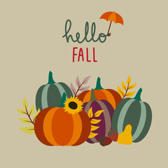Hello Fall cute  card in flat design whit Pumpkins 