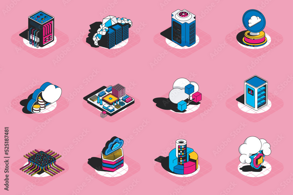 Aufkleber Cloud technology 3d isometric icons set. Pack elements of hardware datacenter racks, computer, microchip, data computing, server, database and others. Vector illustration in modern isometric design
