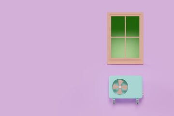 blue air conditioner near window on purple background 3d