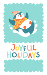 Christmas card with a merry penguin rolling down from a snowy mountain on his pope. Joyful holidays. Vector cartoon illustration in simple childish hand drawn cartoon style. The limited palette