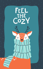 Christmas card with a deer in a striped scarf. Feel the cozy. Vector cartoon illustration in simple childish hand drawn cartoon style. The limited palette is ideal for printing.