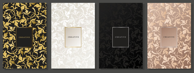 Luxury cover set with floral pattern. Elegant golden and glossy foliage on black, platinum and pink background. 
