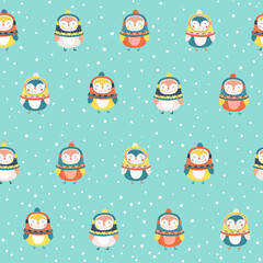 Christmas seamless pattern with a cute owl in a funny ugly hat. Vector doodle illustration in simple childish hand drawn cartoon scandinavian style. The limited palette is ideal for printing.