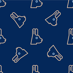 Line Rabbit with ears icon isolated seamless pattern on blue background. Magic trick. Mystery entertainment concept. Vector