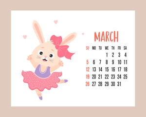March 2023 calendar. Cute bunny girl ballerina in dress dances on pointe shoes. rabbit is symbol 2023 year to Chinese zodiac. Vector illustration. horizontal Template. Week from sunday In English.
