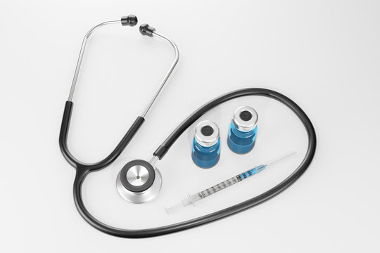 Stethoscope, syringes and vials on white background. Illustration of the concept of Covid-19 vaccination