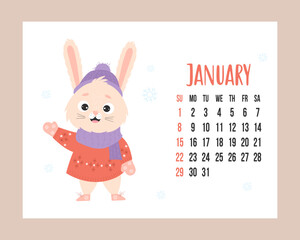 January 2023 calendar. Cute winter bunny in knitted clothes on white background with snowflakes. Vector illustration. horizontal Template. Week from sunday In English. rabbit is symbol year.