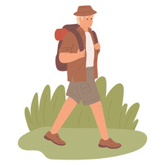 Man with backpack going outside. Active tourism outdoor, camping, hiking, travelling.