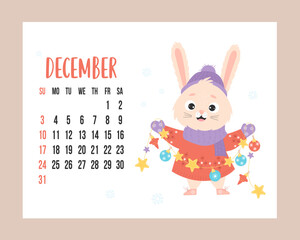 December 2023 calendar. Cute bunny in knitted clothes with garland and christmas balls on white background with snowflakes. Vector horizontal Template. Week from Sunday In English. rabbit symbol year.