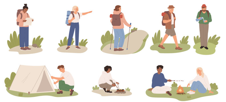 Set of camping people. Characters with equipment while travelling. Active tourism outdoors.