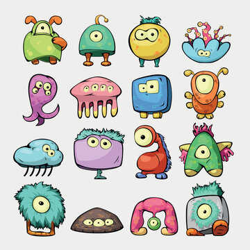 cute various monsters in set on white