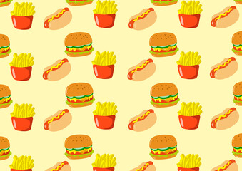 fast food illustration with hamburger, french fries and hot dog on a yellow background